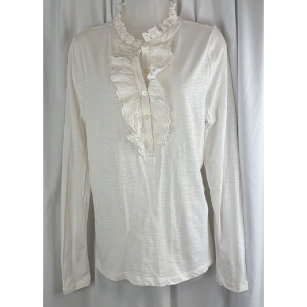 LOFT Cream Eyelet Lace Ruffle Henley Top‎ Long Sleeve Cotton L Cottagecore 58-22 - Picture 9 of 11